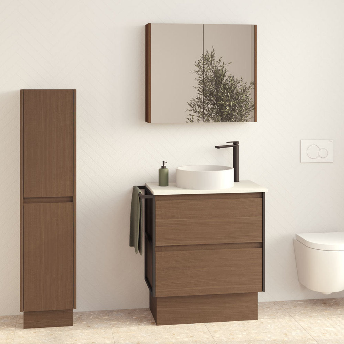Fienza Amato Walnut 750 Cabinet On Kickboard, 1 Frame & 1 Towel Rail