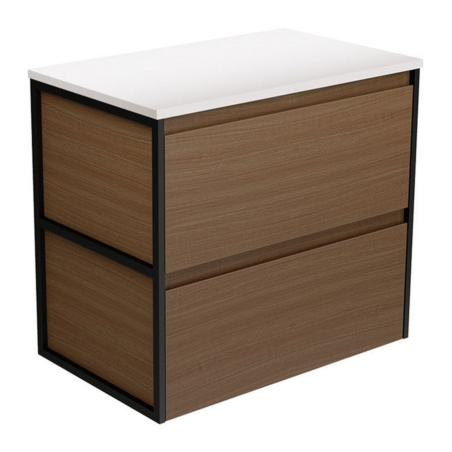 Fienza Amato Walnut 750 Wall Hung Cabinet, Matte Black Frames
