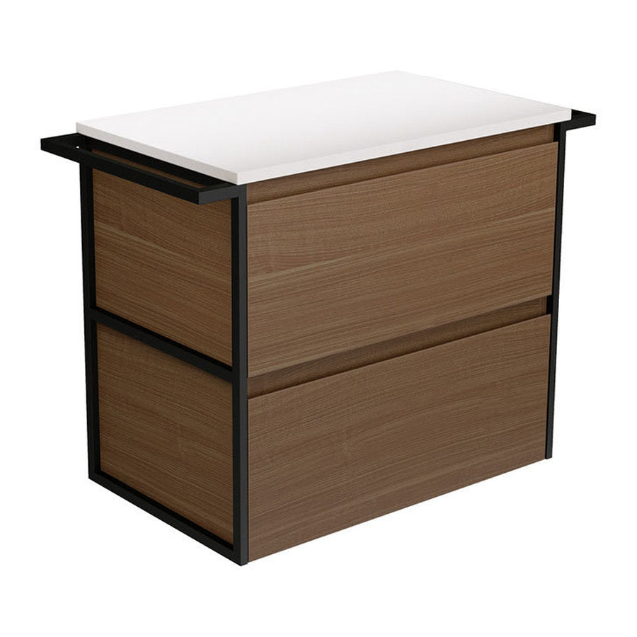 Fienza Amato Walnut 750 Wall-Hung Cabinet, Matte Black Towel Rails