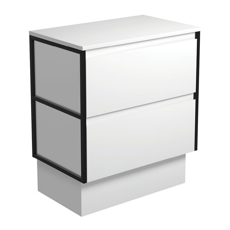 Fienza Amato Satin White 750 Cabinet On Kickboard, Matte Black Frames