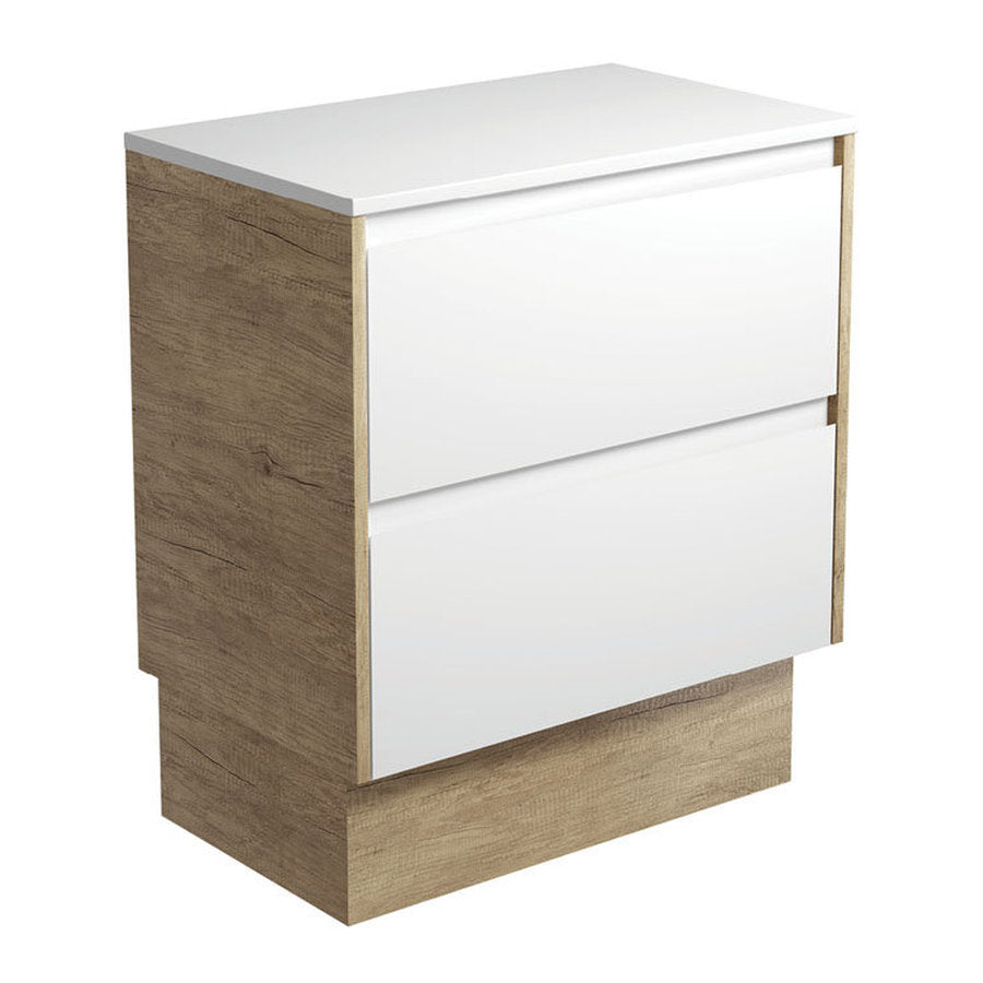 Fienza Amato Satin White 750 Cabinet On Kickboard, Scandi Oak Panels