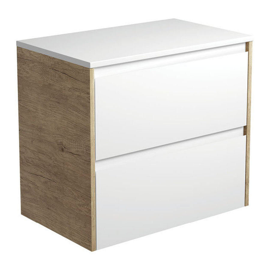 Fienza Amato Satin White 750 Wall-Hung Cabinet, Scandi Oak Panels