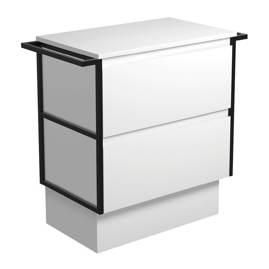 Fienza Amato Satin White 750 Cabinet On Kickboard, Matte Black Towel Rails
