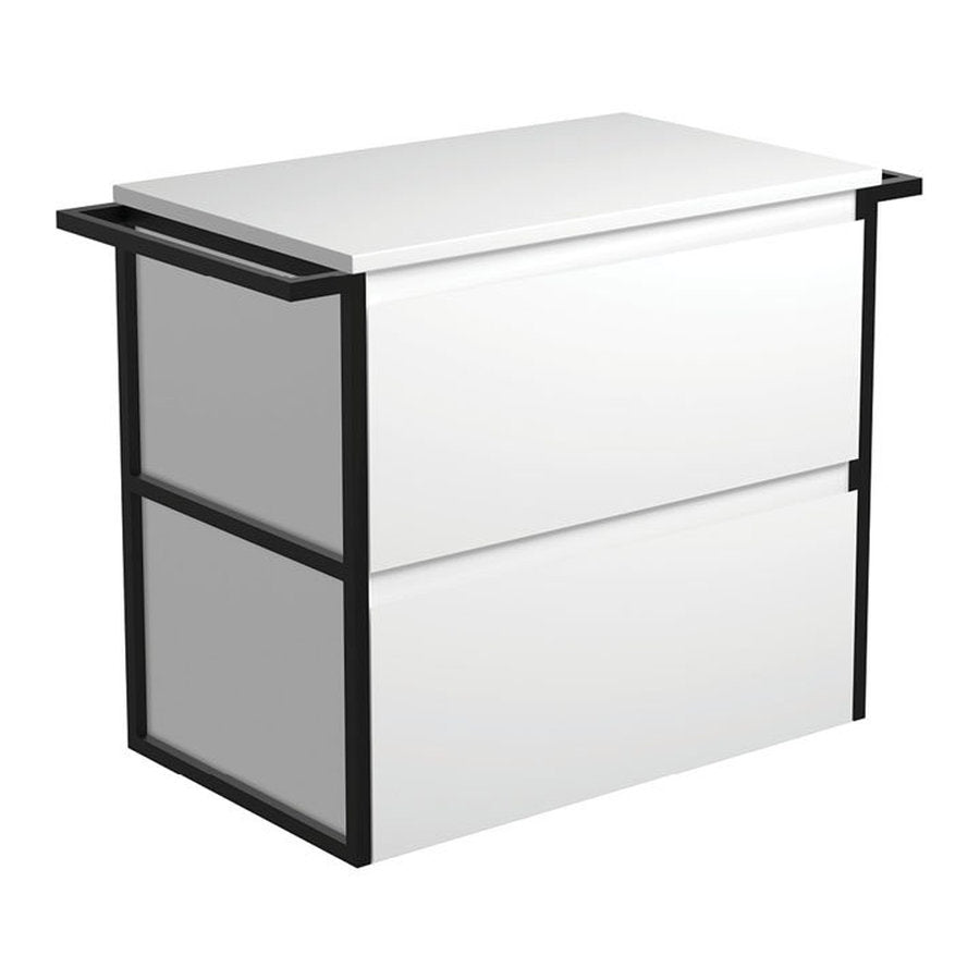 Fienza Amato Satin White 750 Wall-Hung Cabinet, Matte Black Towel Rails