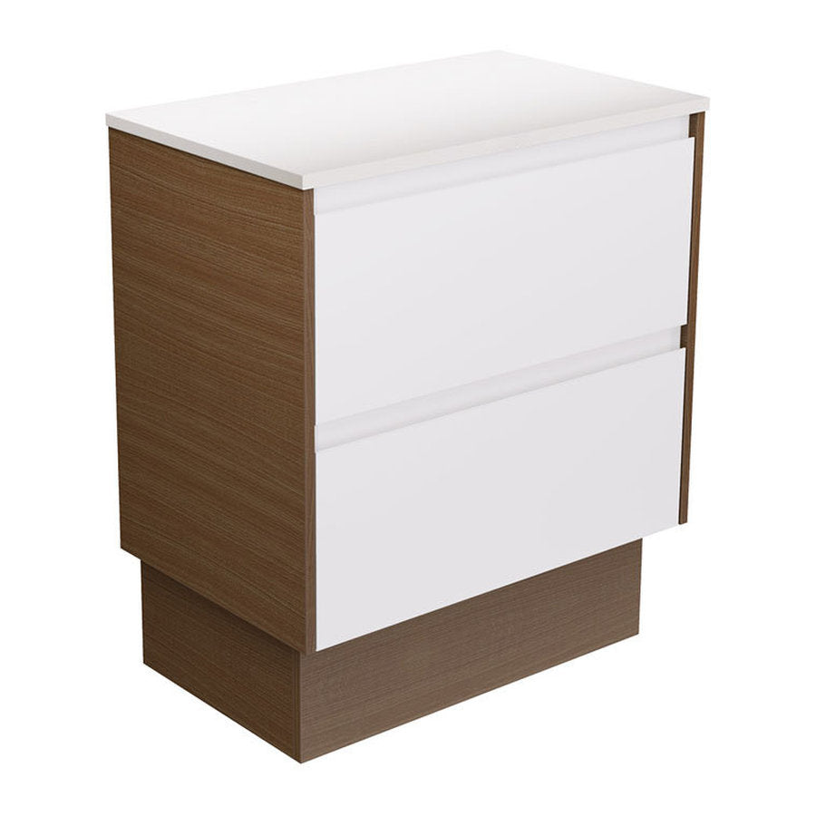 Fienza Amato Satin White 750 Cabinet On Kickboard, Walnut Panels
