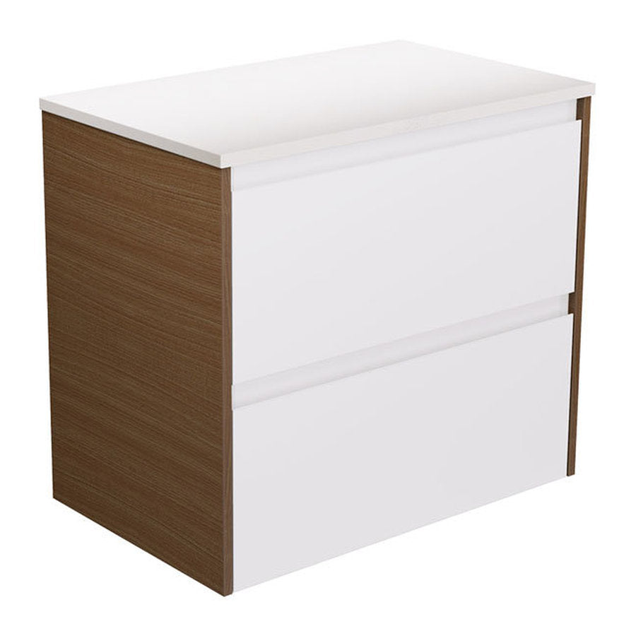 Fienza Amato Satin White 750 Wall Hung Cabinet, Walnut Panels