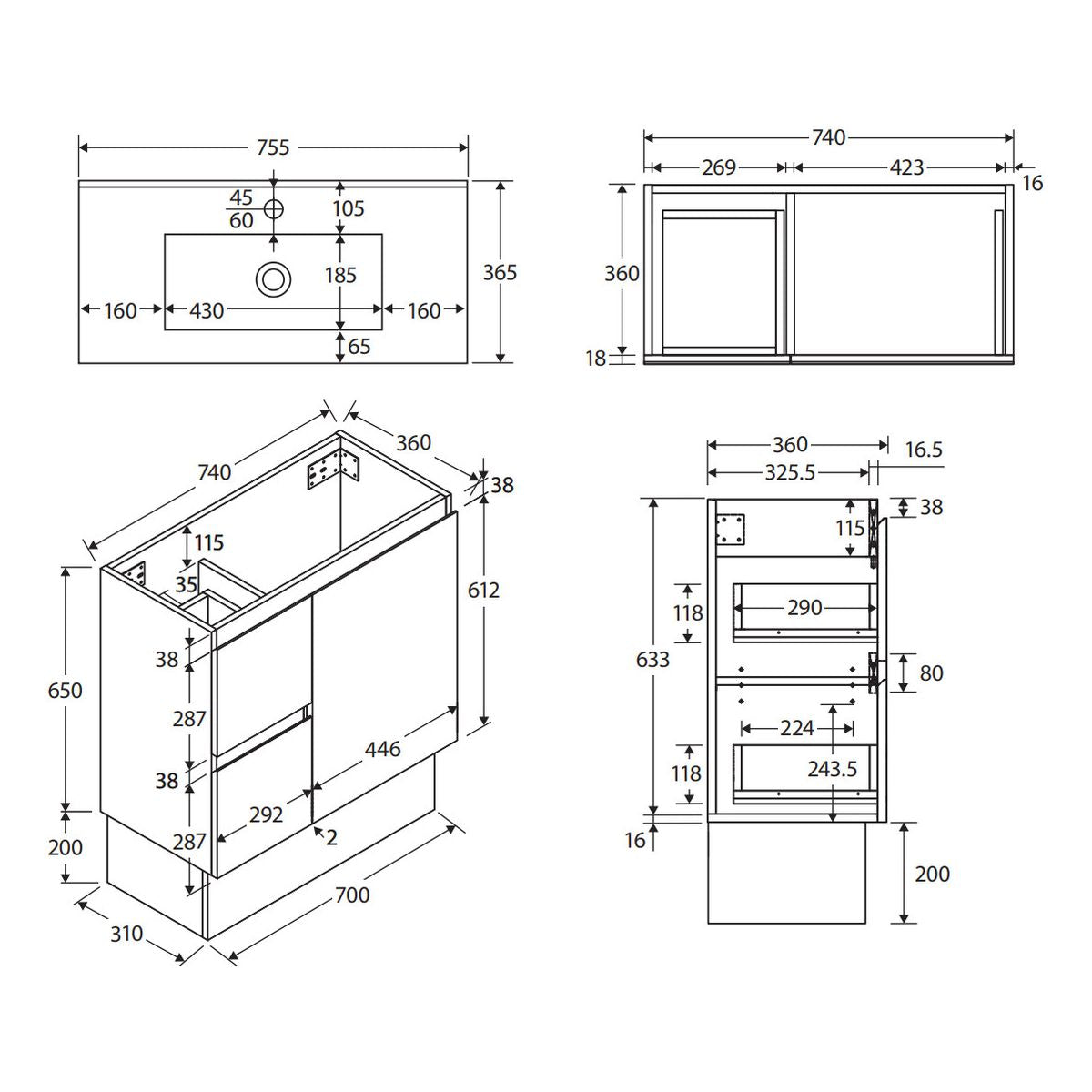 Siska Slim Walnut 750 Vanity on Kickboard, Left Drawers