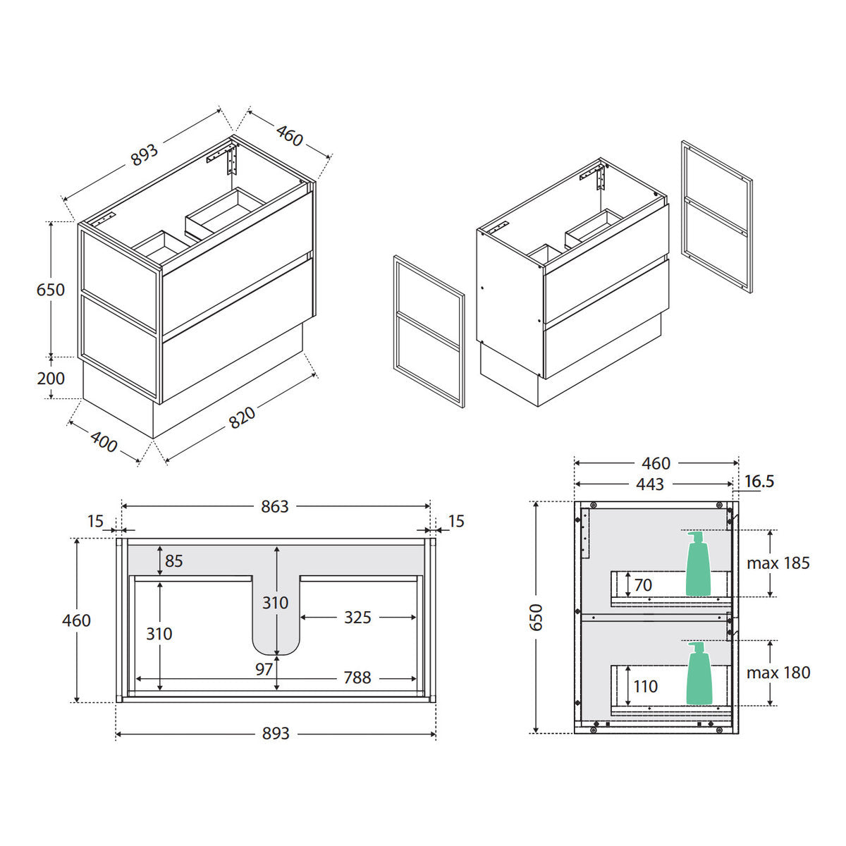 Fienza Siska 750mm Ensuite Depth Cabinet On Kick, Left Drawers