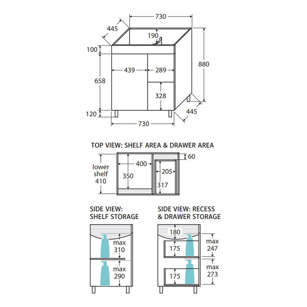 Fienza Unicab 750 Cabinet On Legs, Left Hand Drawers