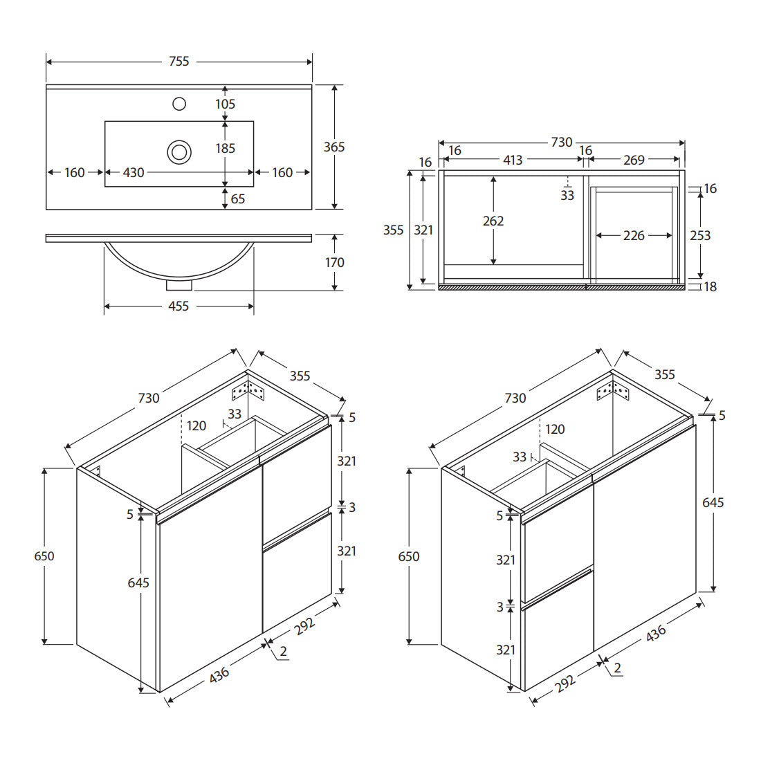 Siska Slim 750 Wall-Hung Vanity, Left Drawers - 1 Taphole