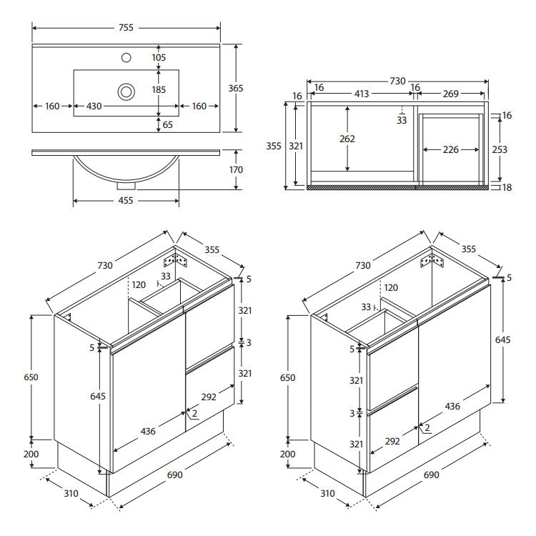 Siska Slim 750 Vanity on Kickboard, Right Drawers - 1 Taphole