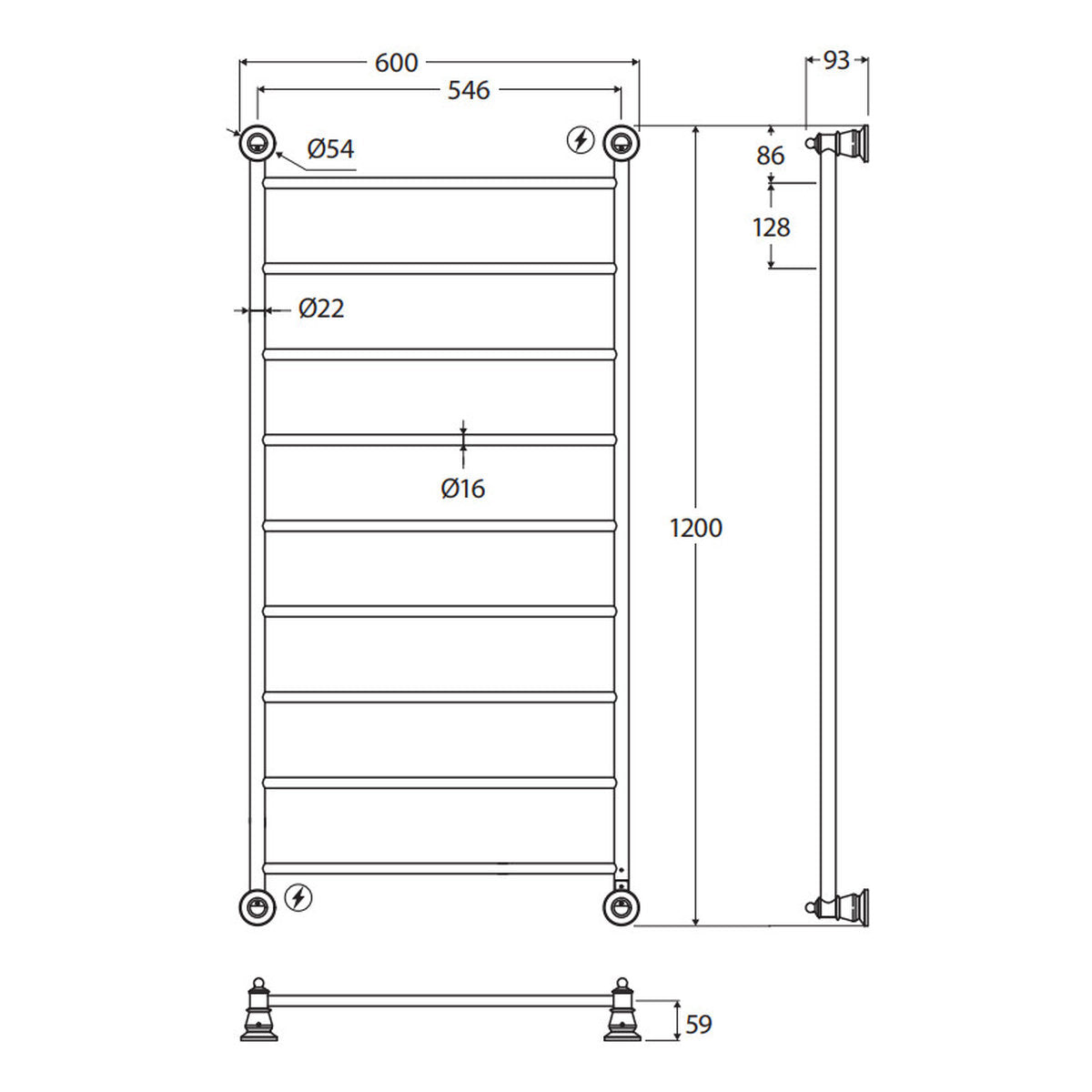 Fienza Lillian Heated Towel Rail, 600x1200mm, Chrome