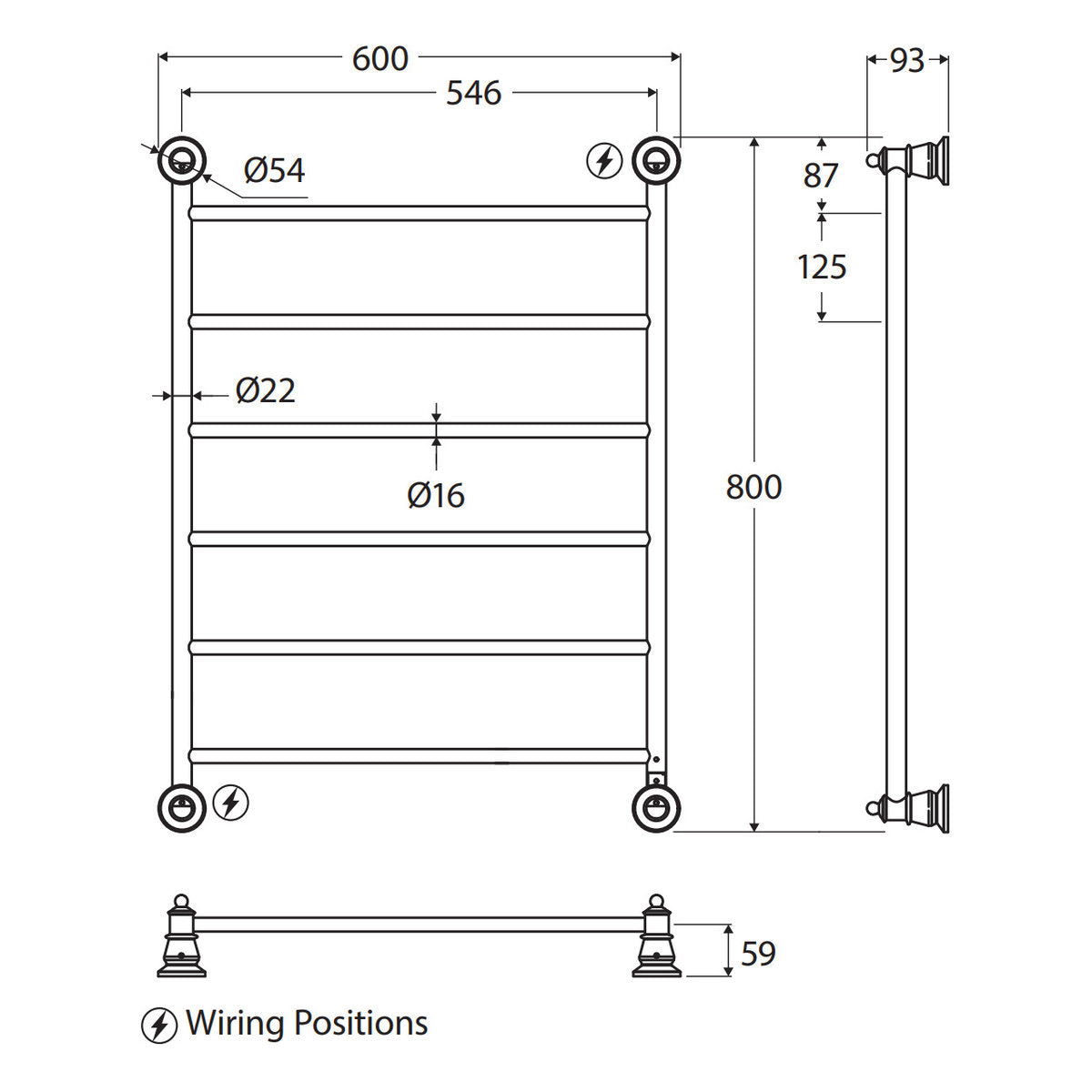 Fienza Lillian Heated Towel Rail, 600 x 800mm, Matte Black