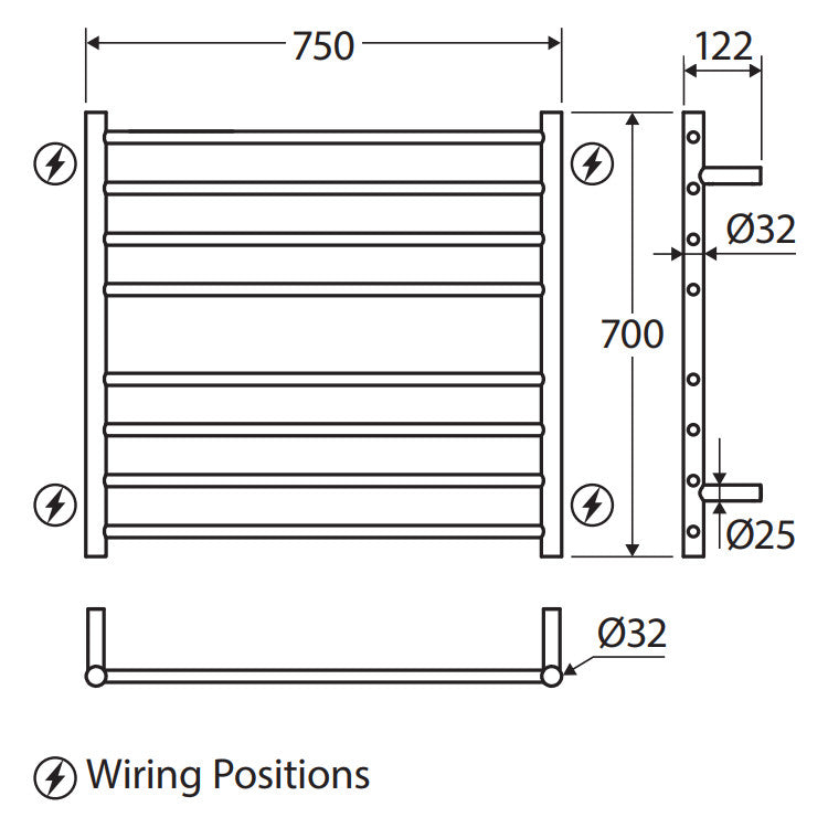 Fienza Isabella Heated Towel Rail, 750 x 700mm, Matte Black