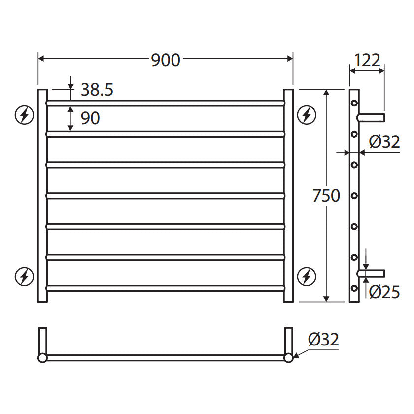 Isabella Heated Towel Rail, 900 x 750mm, Matte Black