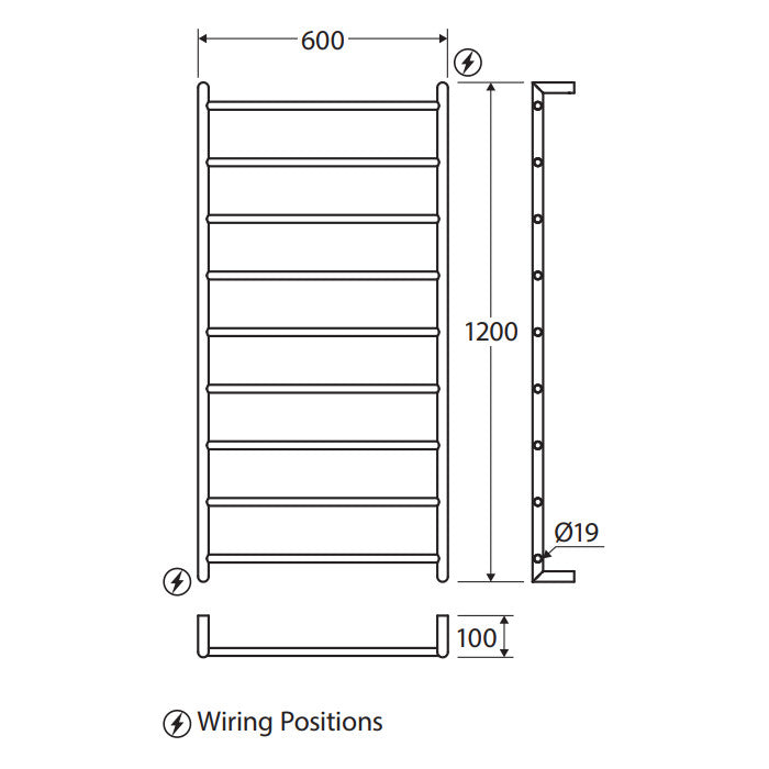 Kaya Heated Towel Rail, 600 x 1200mm, Chrome