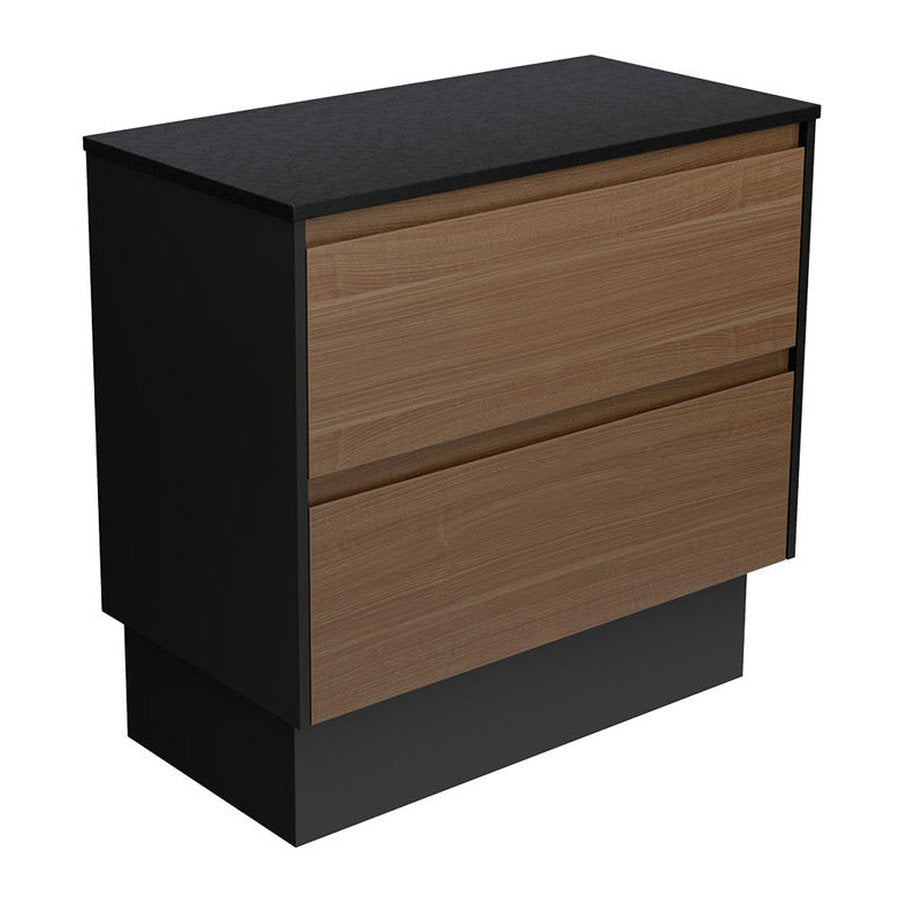 Fienza Amato Walnut 900 Cabinet On Kickboard, Satin Black Panels