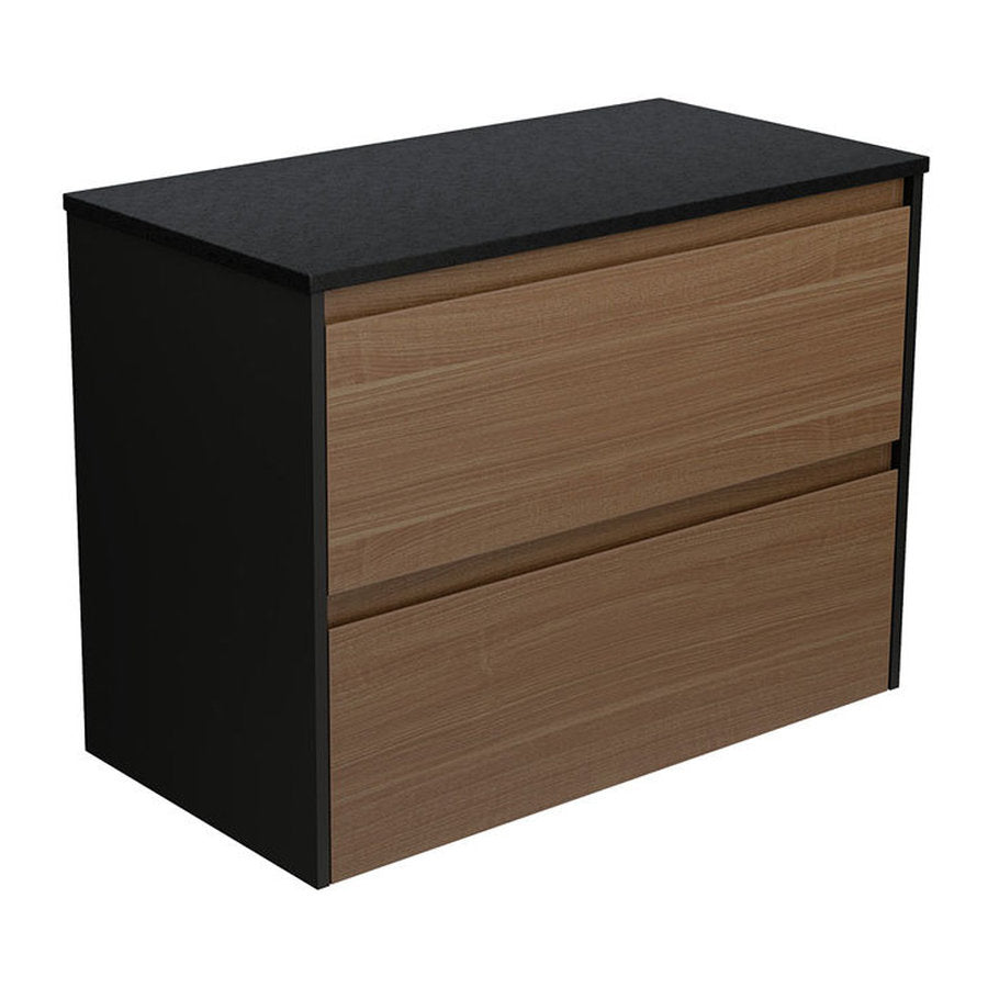 Fienza Amato Walnut 900 Wall Hung Cabinet, Satin Black Panels