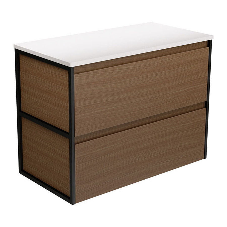 Fienza Amato Walnut 900 Wall Hung Cabinet, Matte Black Frames