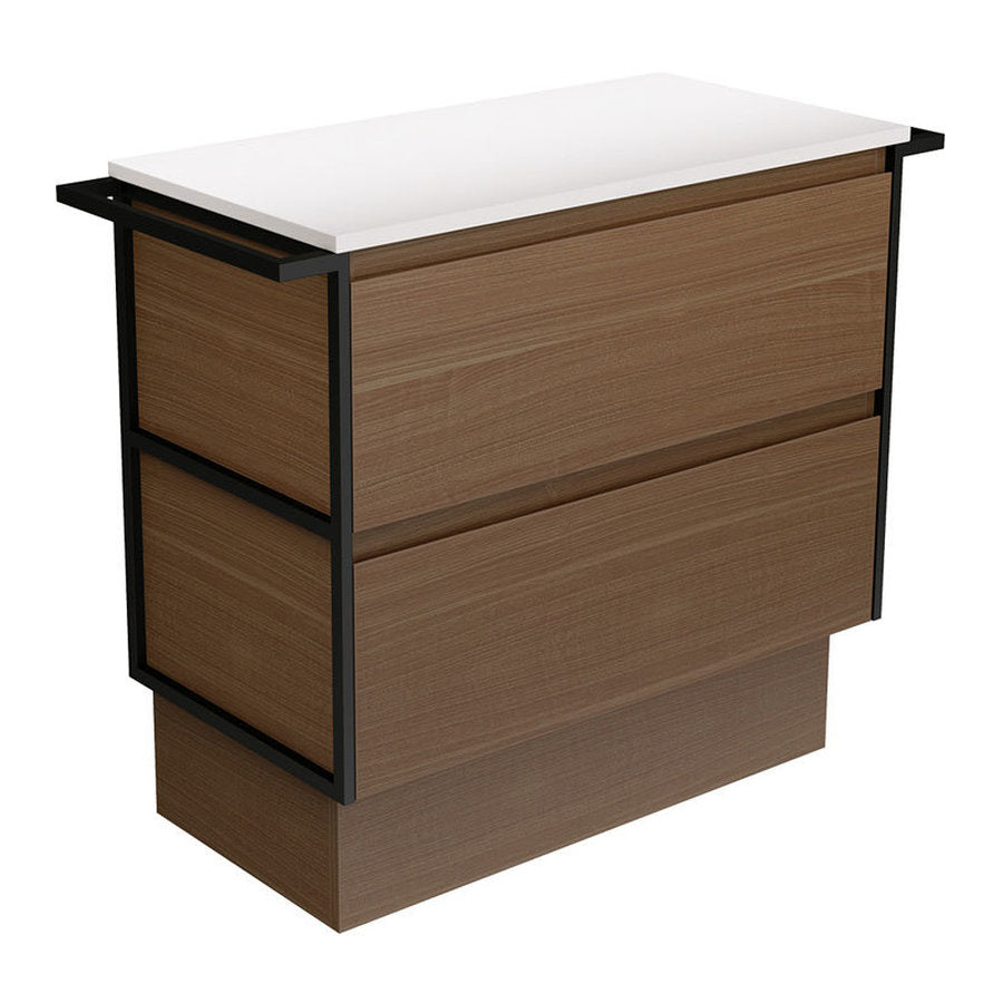Fienza Amato Walnut 900 Cabinet On Kickboard, Matte Black Towel Rails