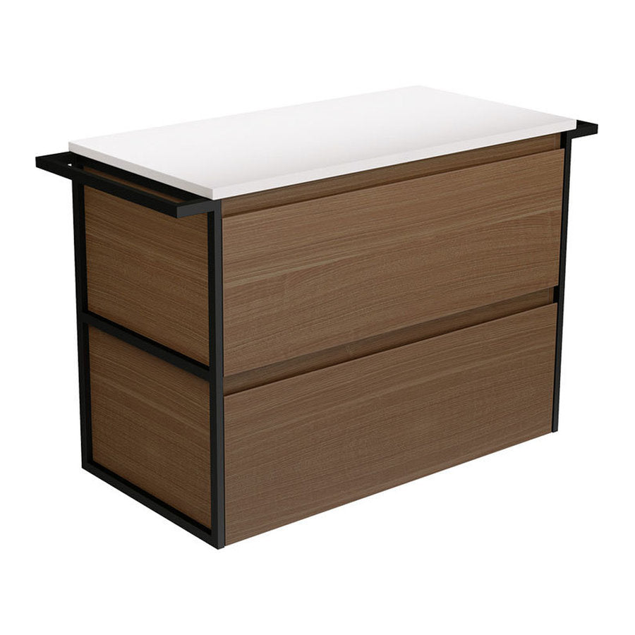 Fienza Amato Walnut 900 Wall-Hung Cabinet, Matte Black Towel Rails