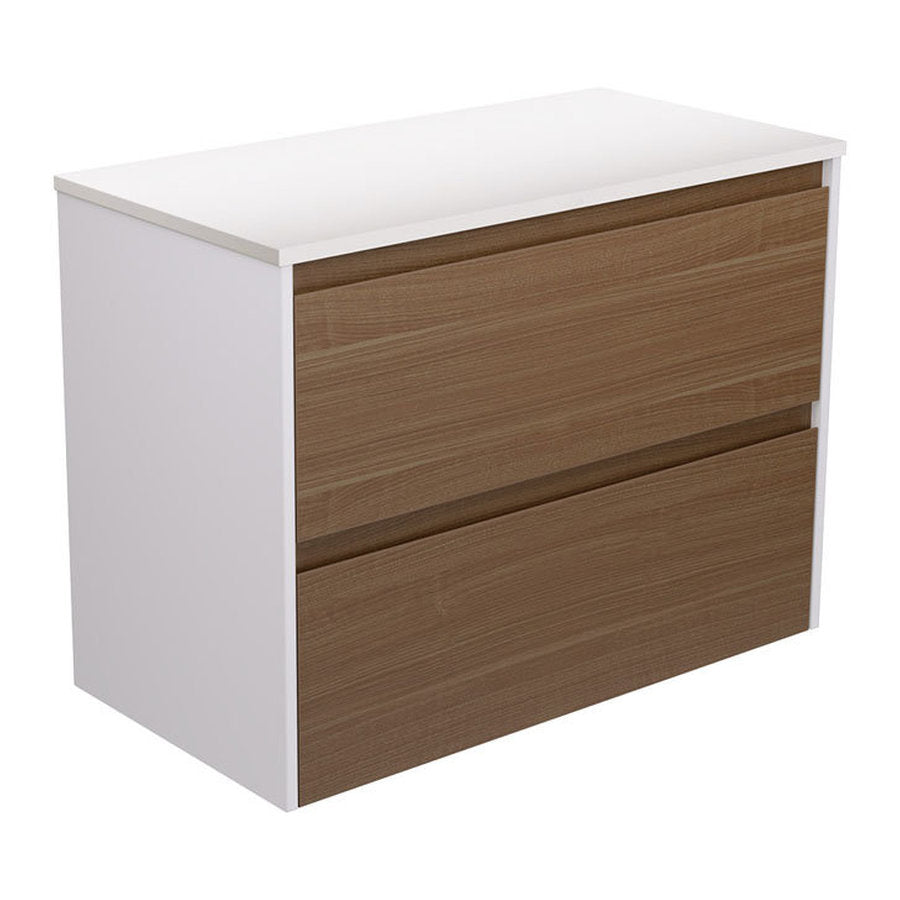 Fienza Amato Walnut 900 Wall Hung Cabinet, Satin White Panels