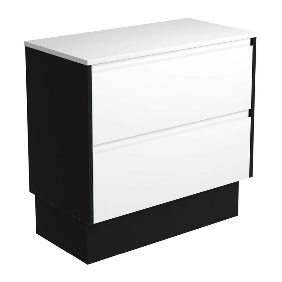 Fienza Amato Satin White 900 Cabinet On Kickboard, Satin Black Panels