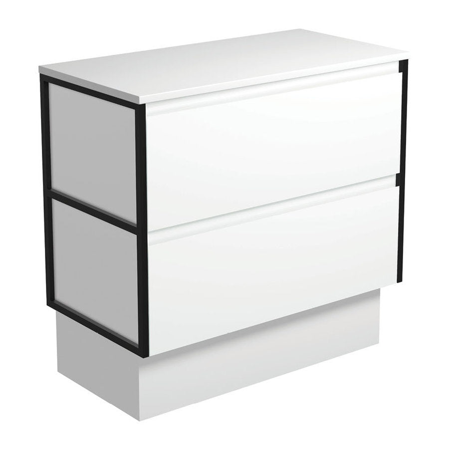 Fienza Amato Satin White 900 Cabinet On Kickboard, Matte Black Frames