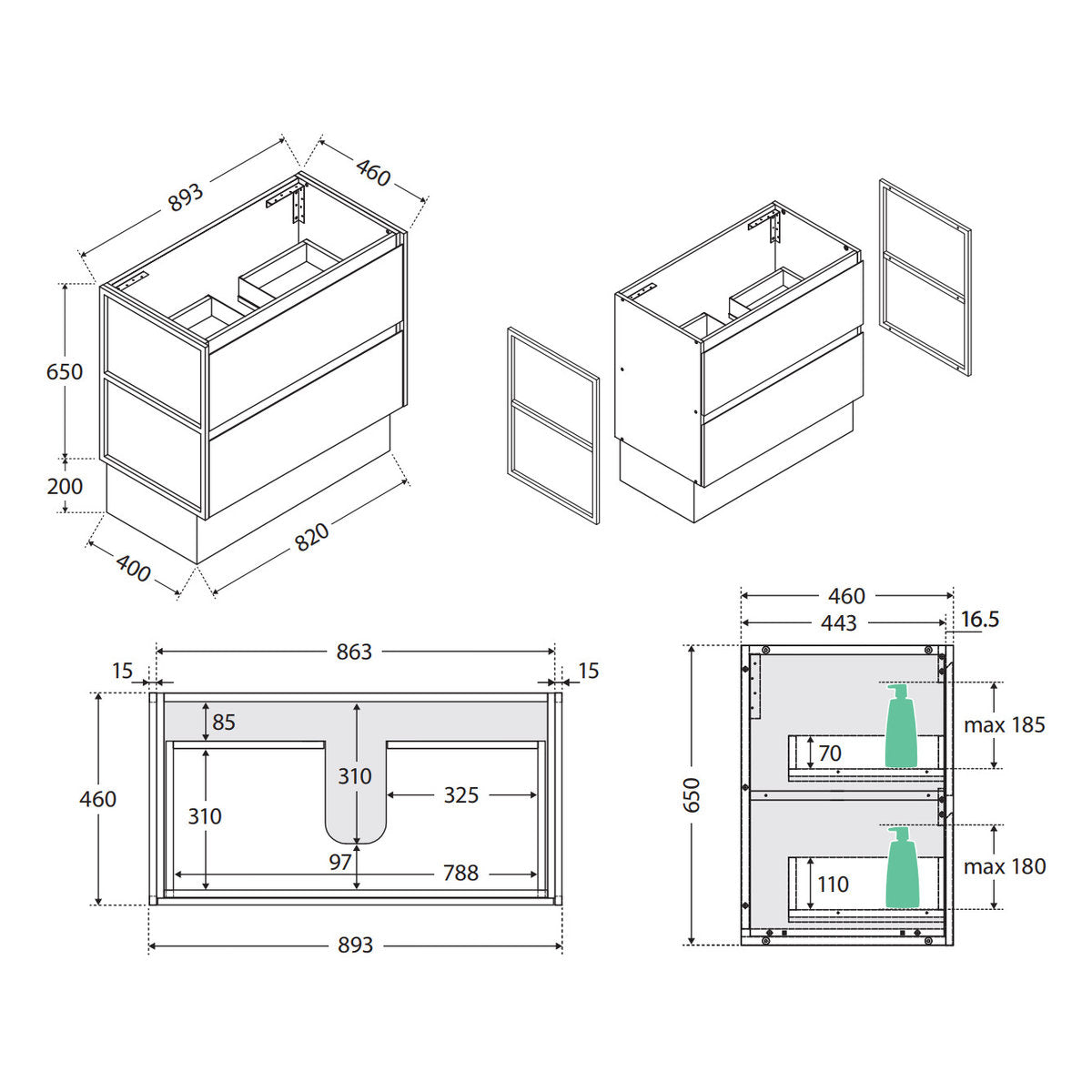 Fienza Amato Industrial 900 Cabinet On Kickboard, Matte Black Frames