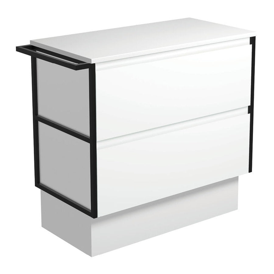 Fienza Amato Satin White 900 Cabinet On Kickboard, 1 Frame & 1 Towel Rail