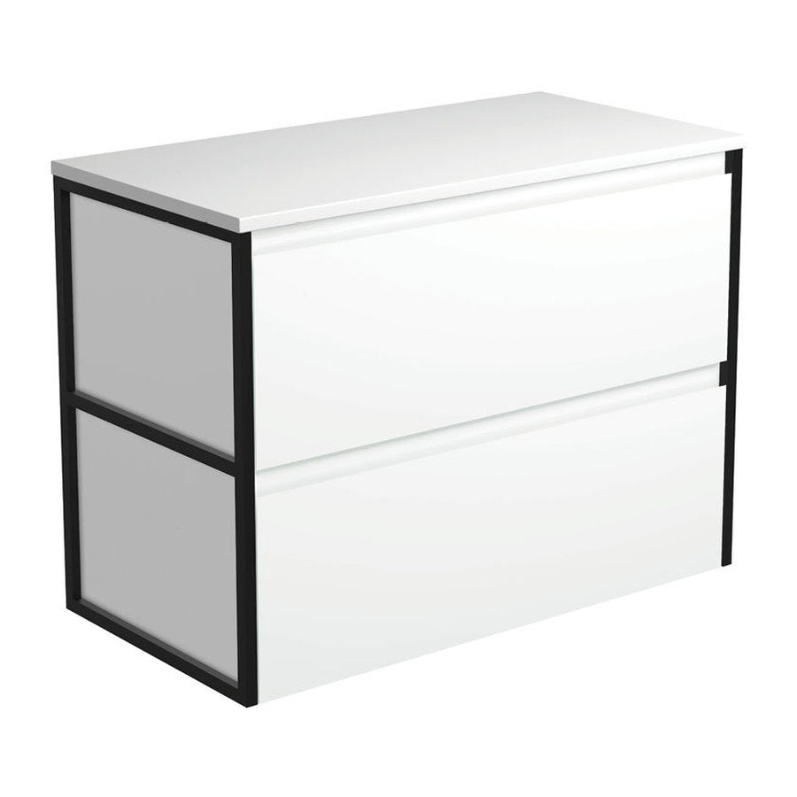 Fienza Amato Satin White 900 Wall-Hung Cabinet, Matte Black Frames