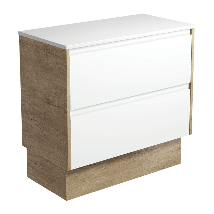 Fienza Amato Satin White 900 Cabinet On Kickboard, Scandi Oak Panels