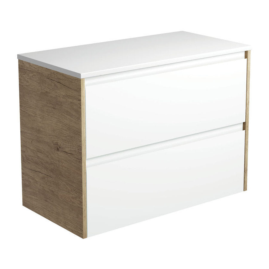 Fienza Amato Satin White 900 Wall-Hung Cabinet, Scandi Oak Panels