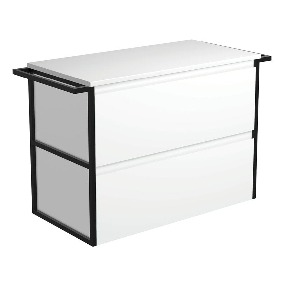 Fienza Amato Satin White 900 Wall-Hung Cabinet, Matte Black Towel Rails