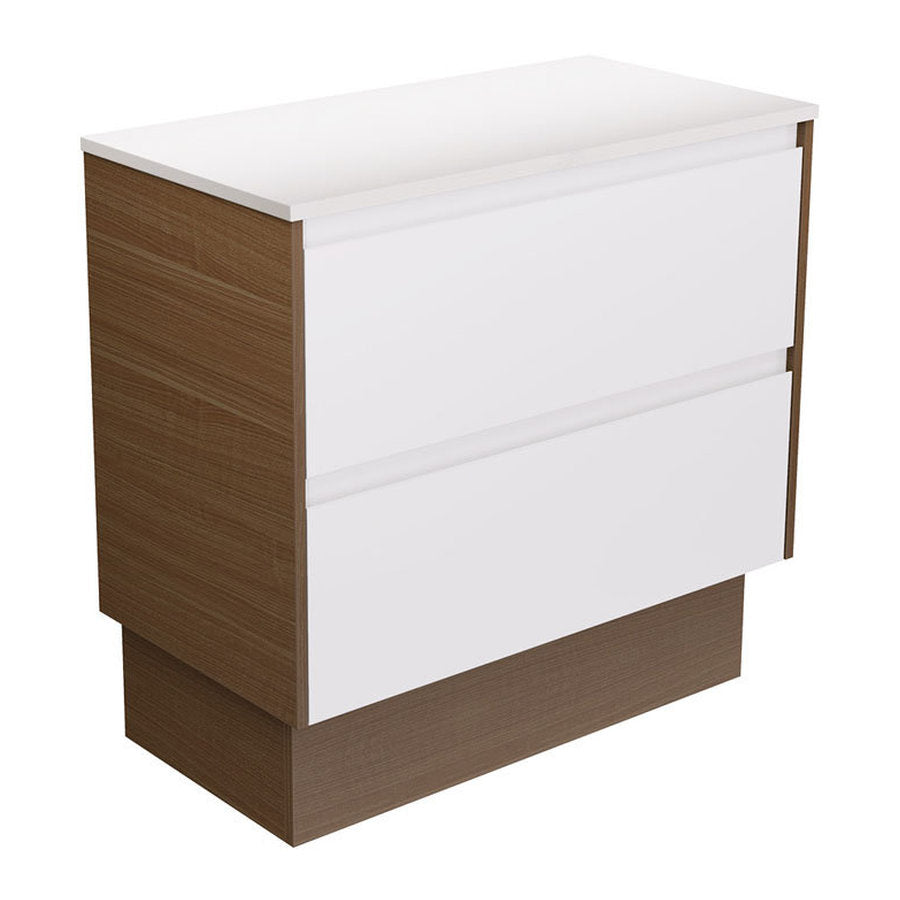Fienza Amato Satin White 900 Cabinet On Kickboard, Walnut Panels