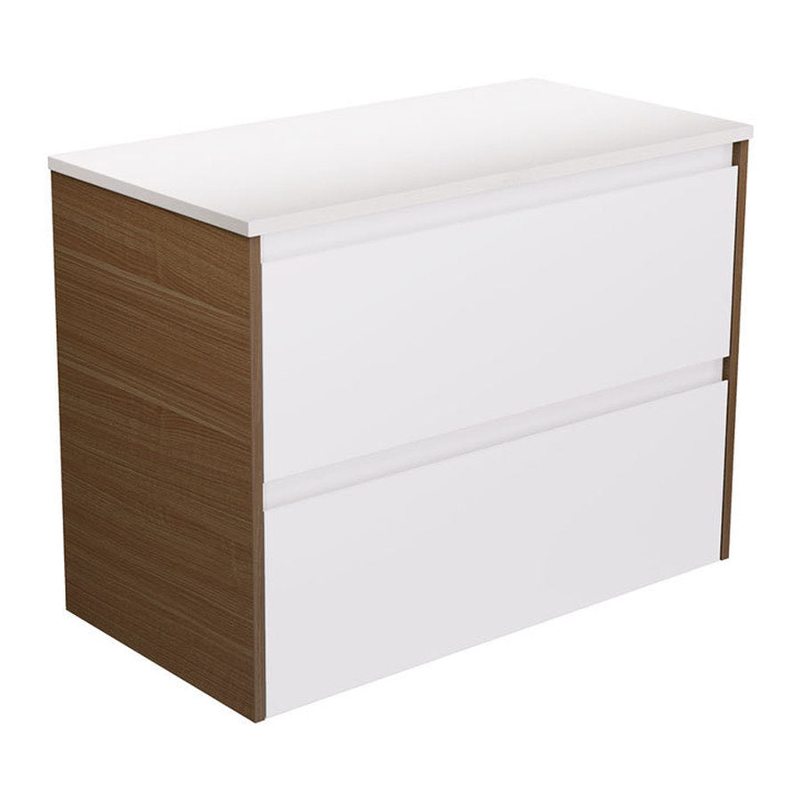 Fienza Amato Satin White 900 Wall Hung Cabinet, Walnut Panels