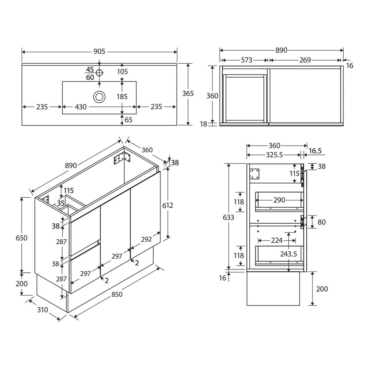 Siska Slim Walnut 900 Vanity on Kickboard, Left Drawers