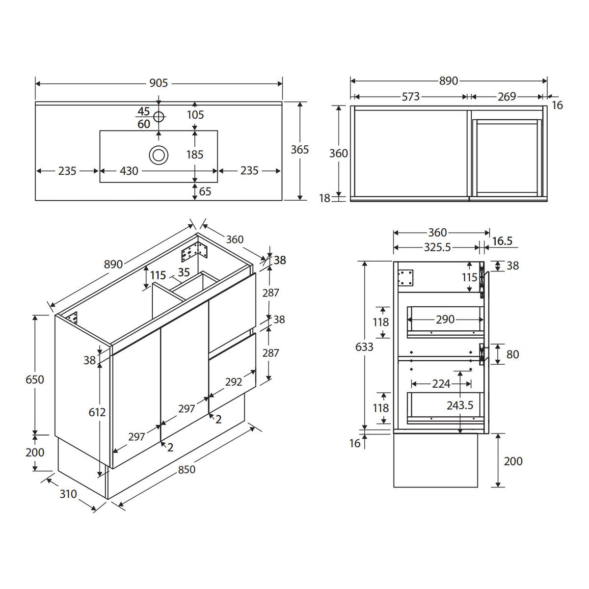 Siska Slim Walnut 900 Vanity on Kickboard, Right Drawers