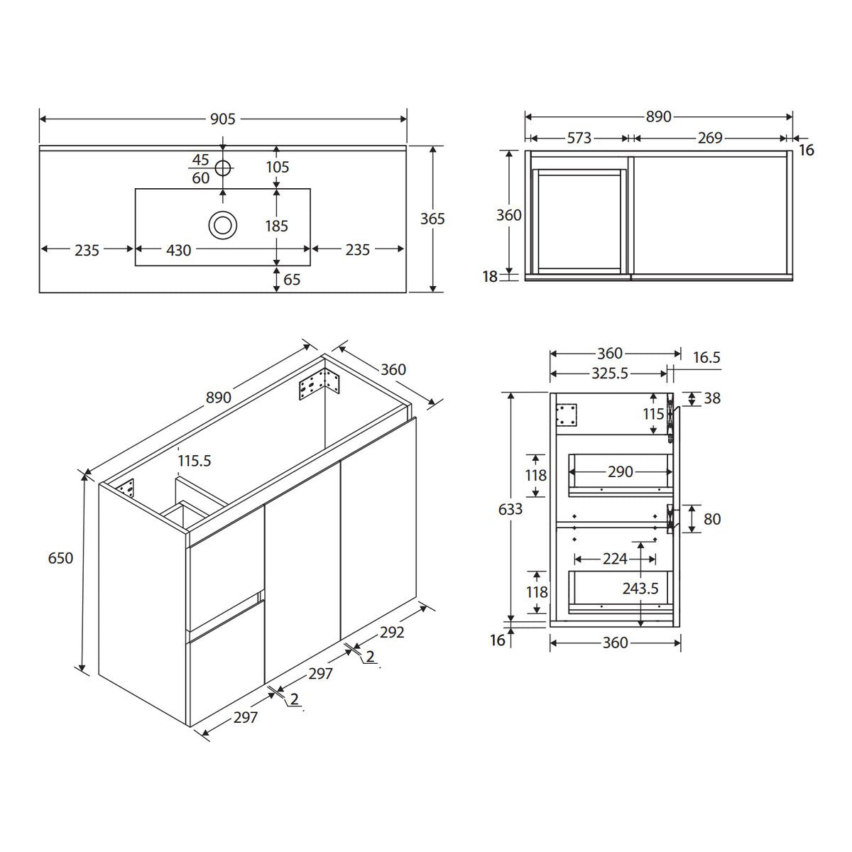 Siska Slim Walnut 900 Wall Hung Vanity, Left Drawers