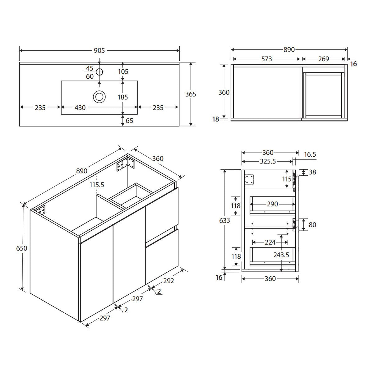 Siska Slim Walnut 900 Wall Hung Vanity, Right Drawers