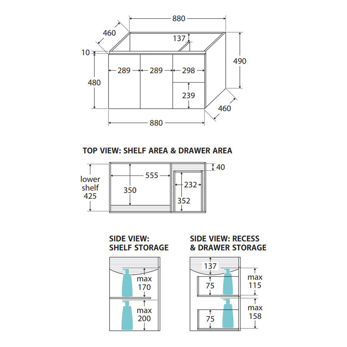 Fienza Unicab 900 Wall-Hung Cabinet, Right Hand Drawers