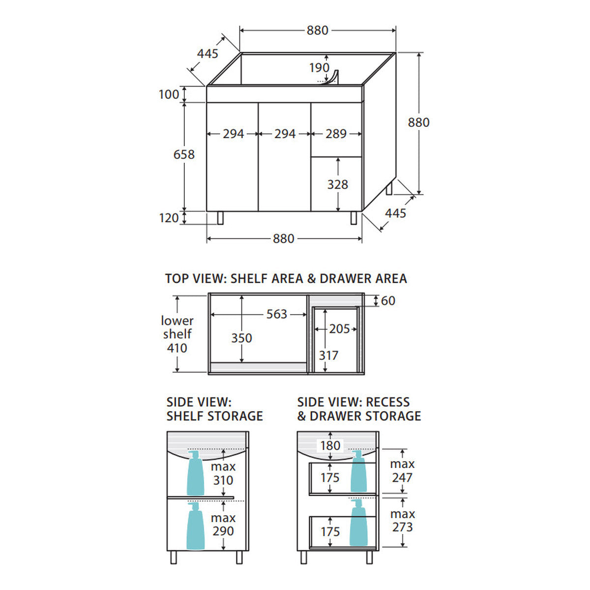 Fienza Unicab 900 Cabinet On Legs, Right Hand Drawers