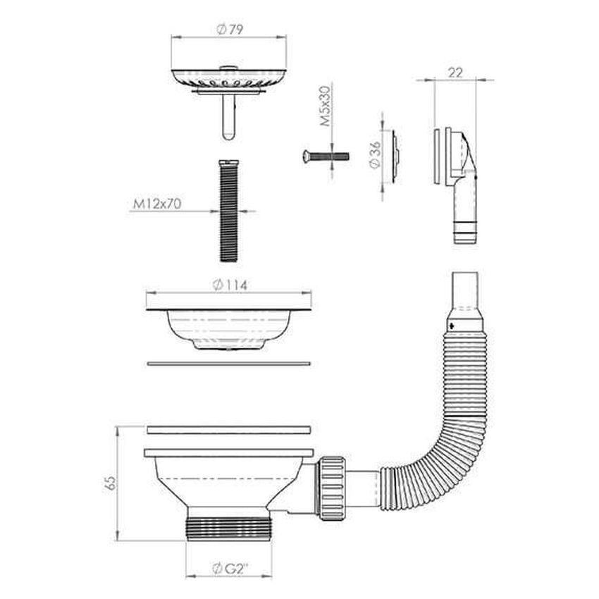 90X50 Polished Stainless Steel Basket Waste With Overflow Kit & Long Bolt