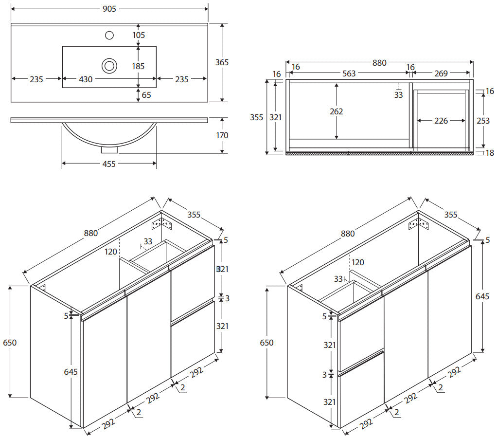 Siska Slim 900 Wall-Hung Vanity, Left Drawers - 1 Taphole