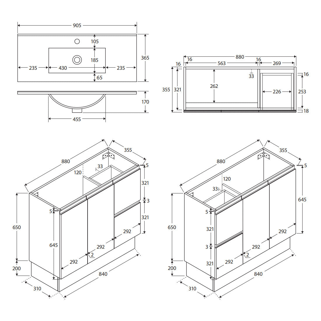 Siska Slim 900 Vanity on Kickboard, Left Drawers - 3 Tapholes