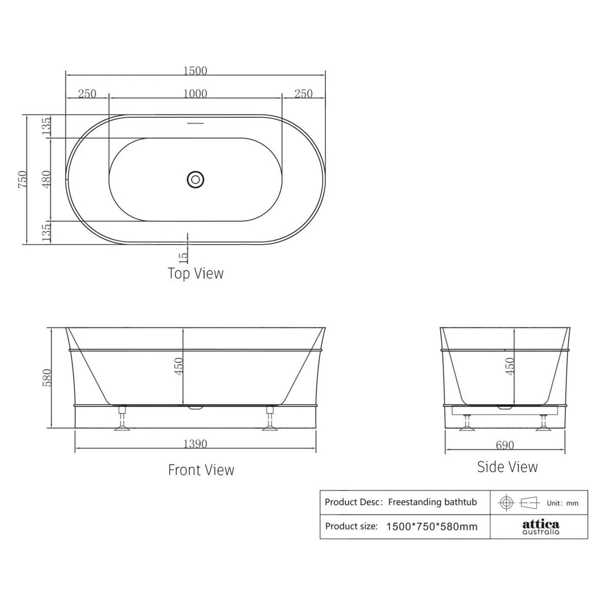 Attica Bondi 1500 Matte White Bath with Overflow