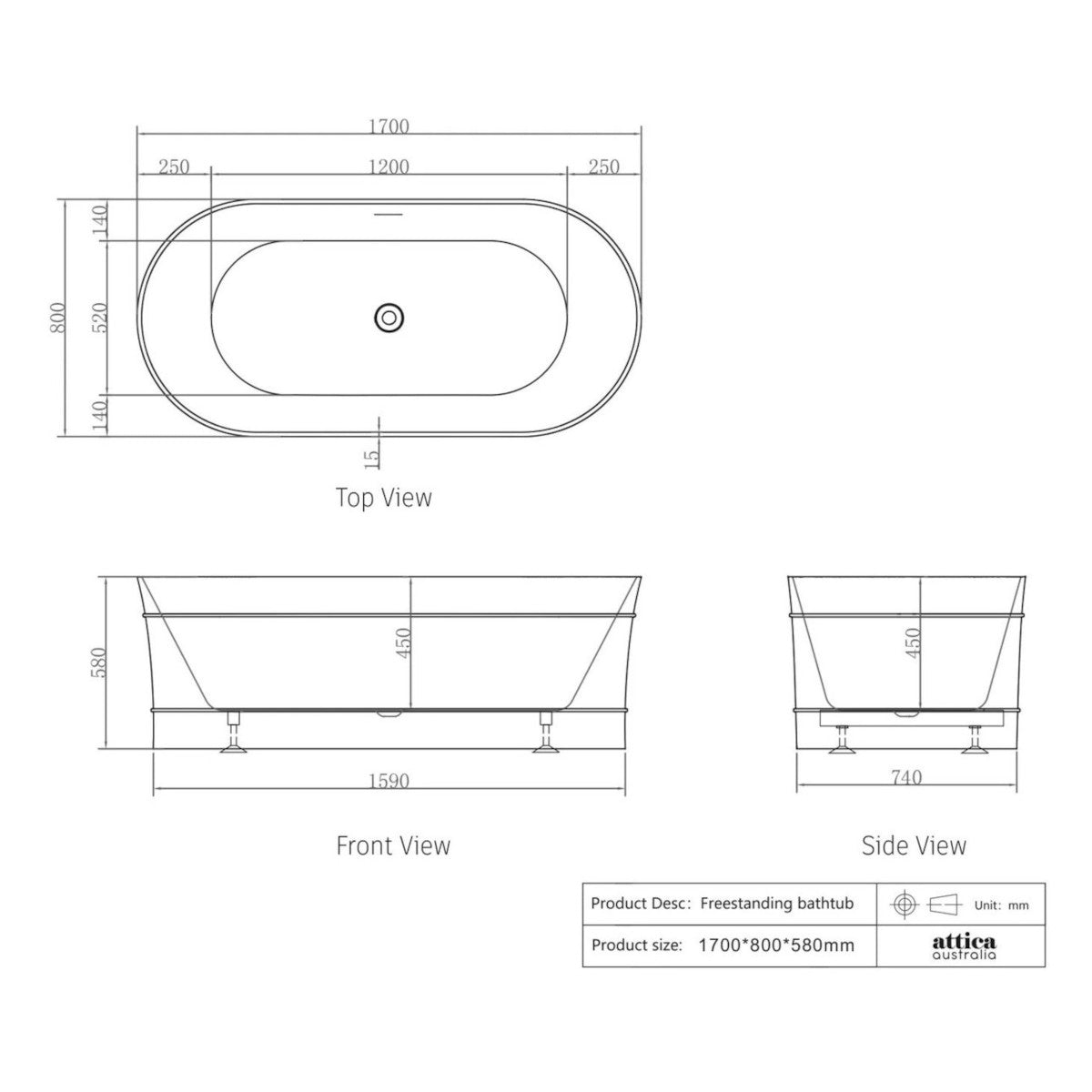 Attica Bondi 1700 Matte White Bath with Overflow
