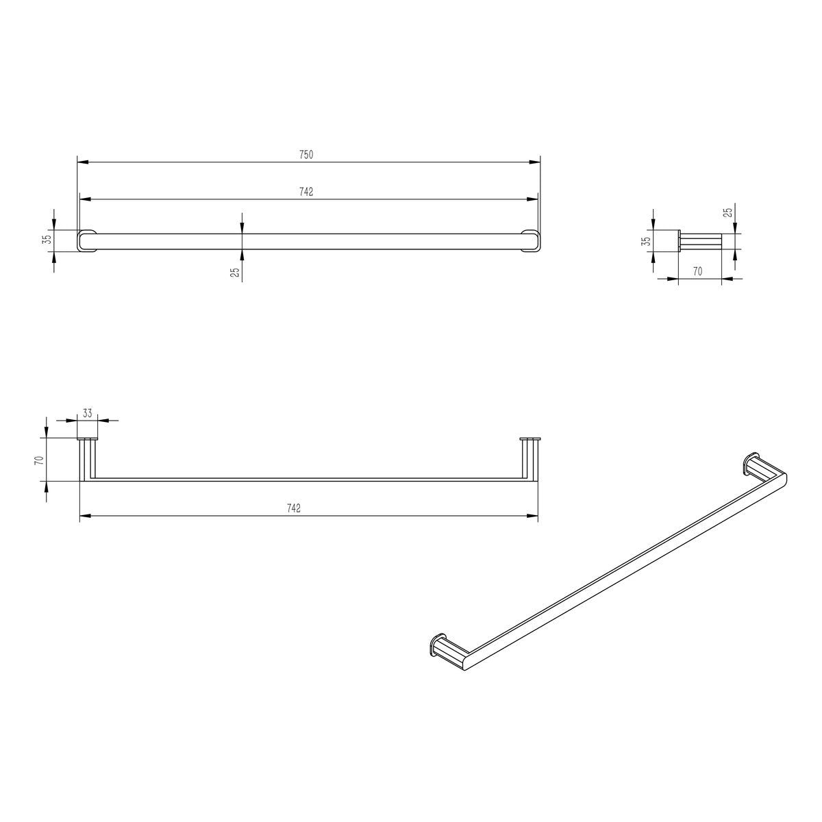 Otti Oskar 750mm Brushed Nickel Single Towel Rail