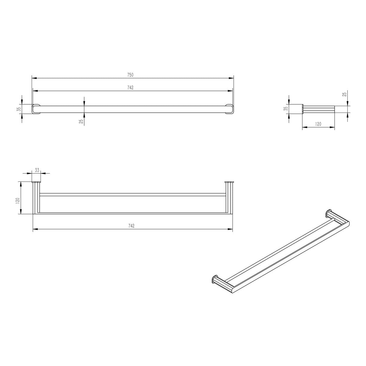 Otti Oskar 750mm Matte Black Double Towel Rail