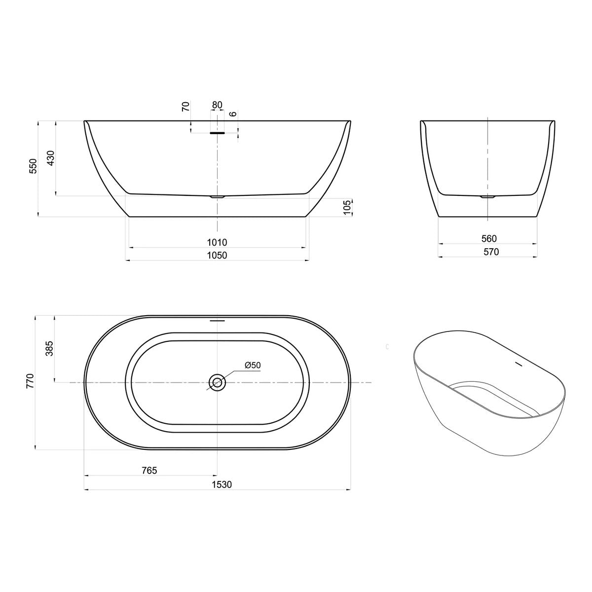 Otti Attica Manolo 1500 Matte White Bath with Overflow